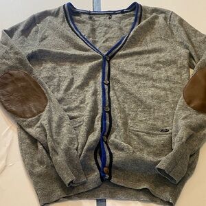 Scotch & Soda Gray Cardigan with Blue Trim and Brown Elbow Patches